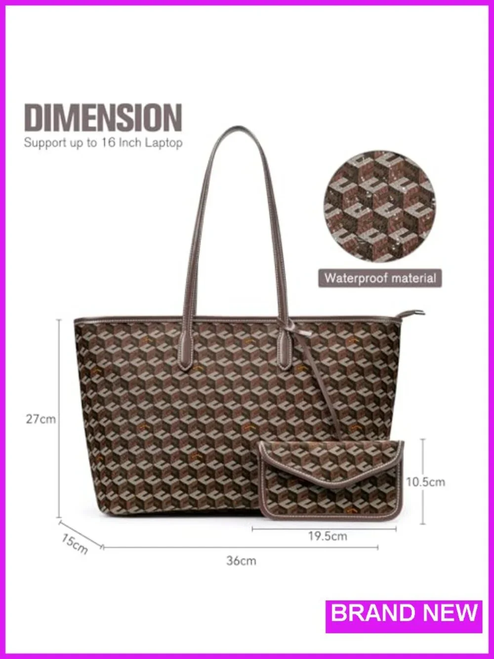 Large PU Leather Cube Tote Bag with Monogram Print, Top Handle, Weekender